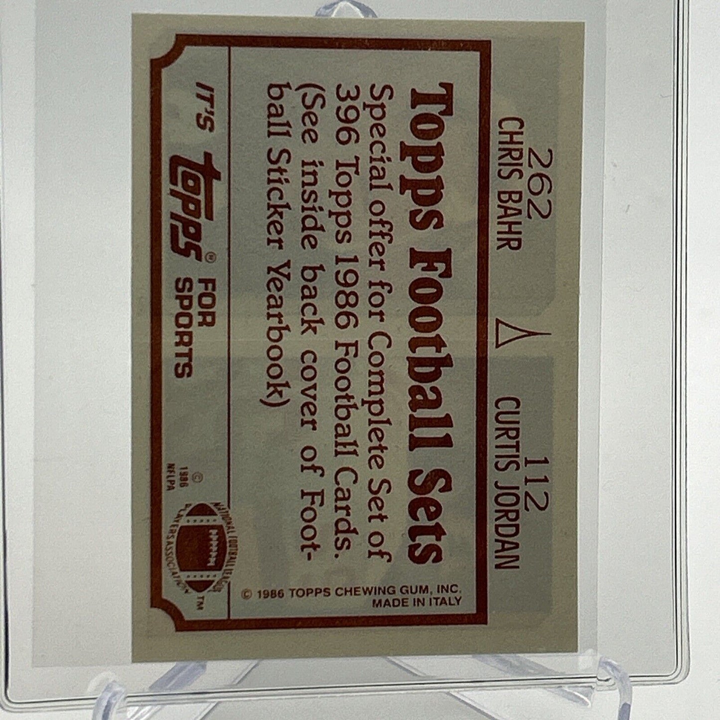 1986 Topps Curtis Jordan/Chris Bahr Sticker Card #112/262 NM-MT FREE SHIPPING