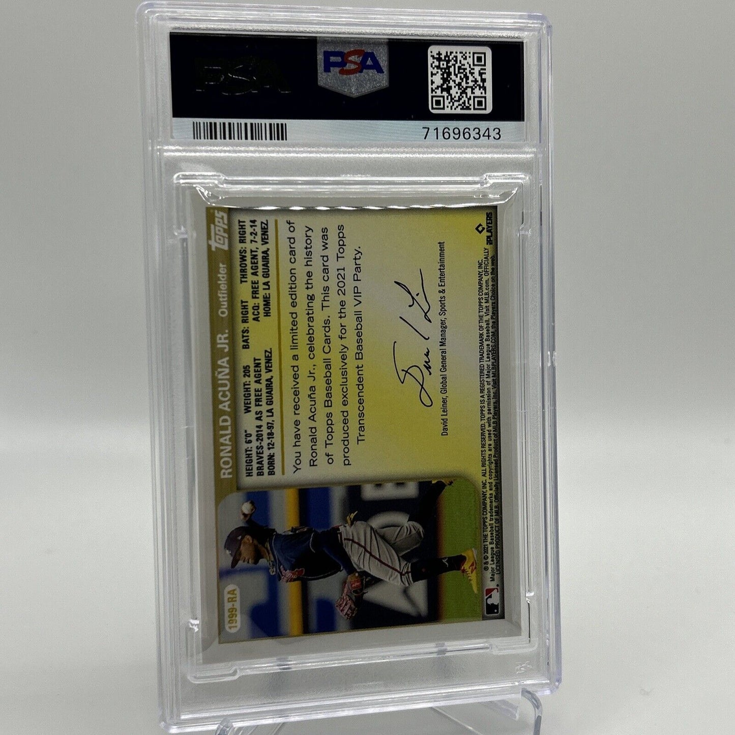2022 Topps Transcendent VIP Party Ronald Acuna Jr. Card #1999 PSA 10 23/95