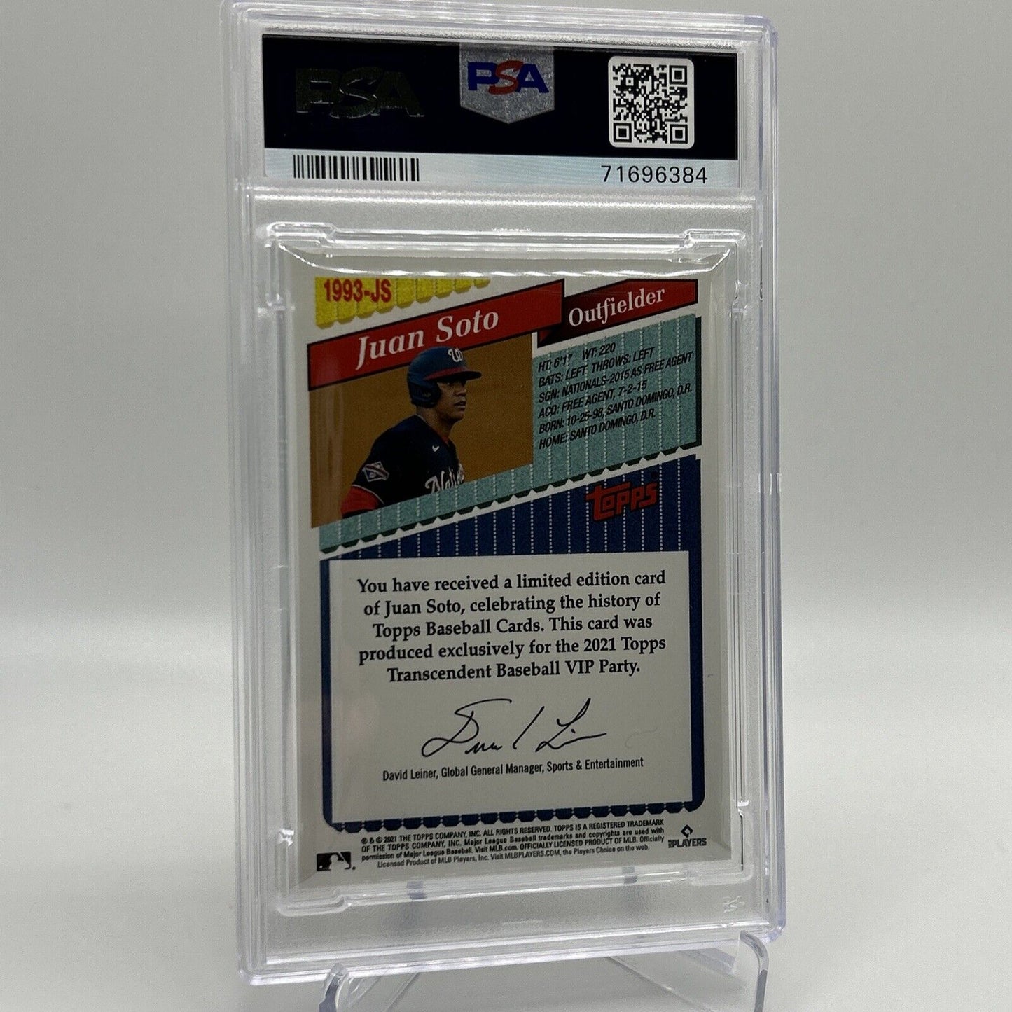 2022 Topps Transcendent VIP Party Juan Soto Baseball Card #1993 PSA 10 23/95