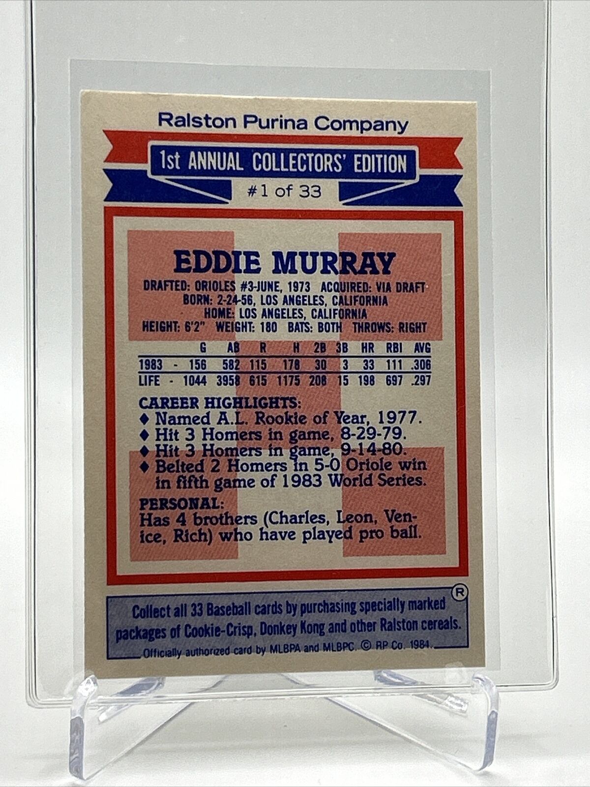 1984 Topps Ralston Purina Eddie Murray Baseball Card #1 NM-Mint FREE SHIPPING