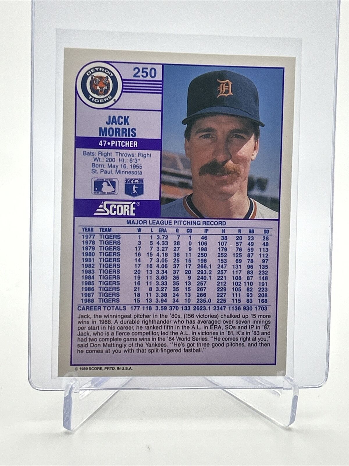 1989 Score Jack Morris Baseball Card #250 Mint FREE SHIPPING