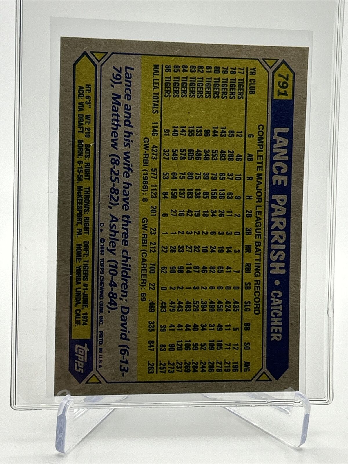 1987 Topps Lance Parrish Baseball Card #791 Mint FREE SHIPPING
