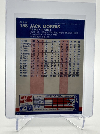 1987 Fleer Jack Morris Baseball Card #158 Mint FREE SHIPPING