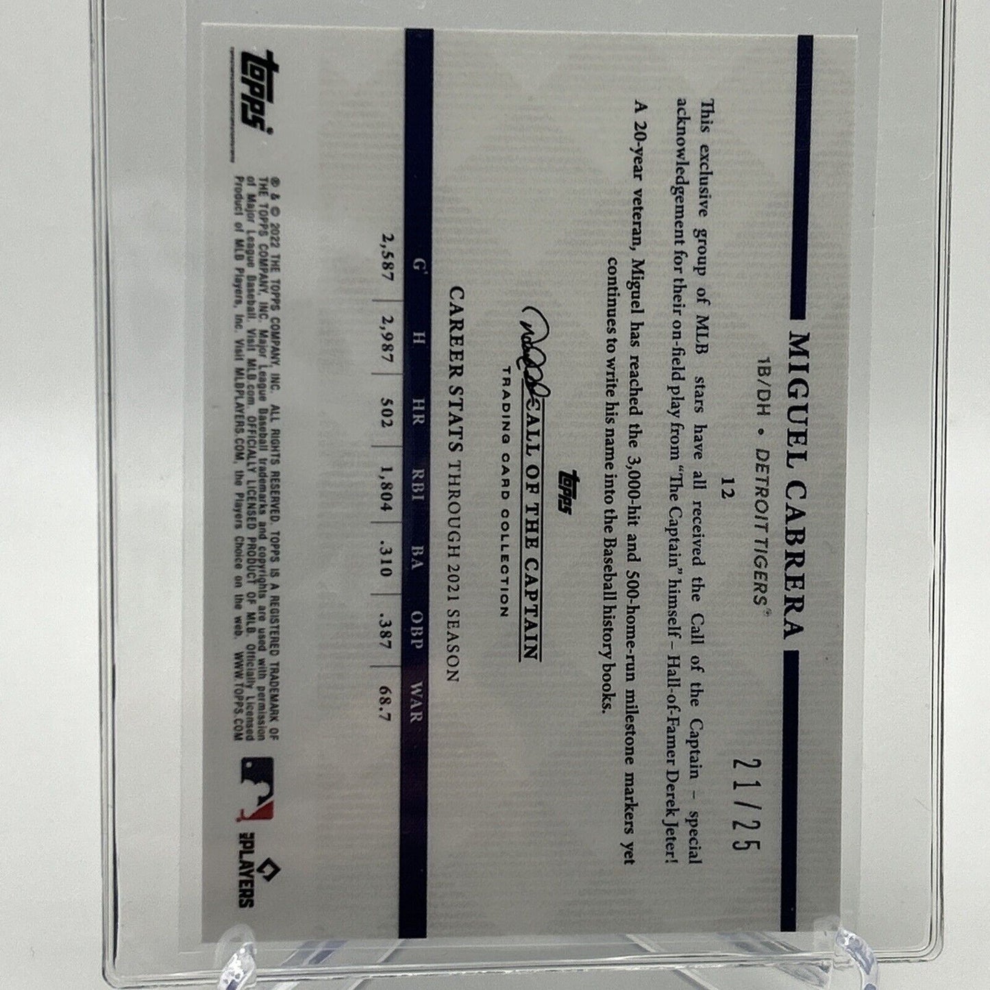 2022 Topps x Derek Jeter Miguel Cabrera 21/25 Baseball Card #12 FREE SHIPPING
