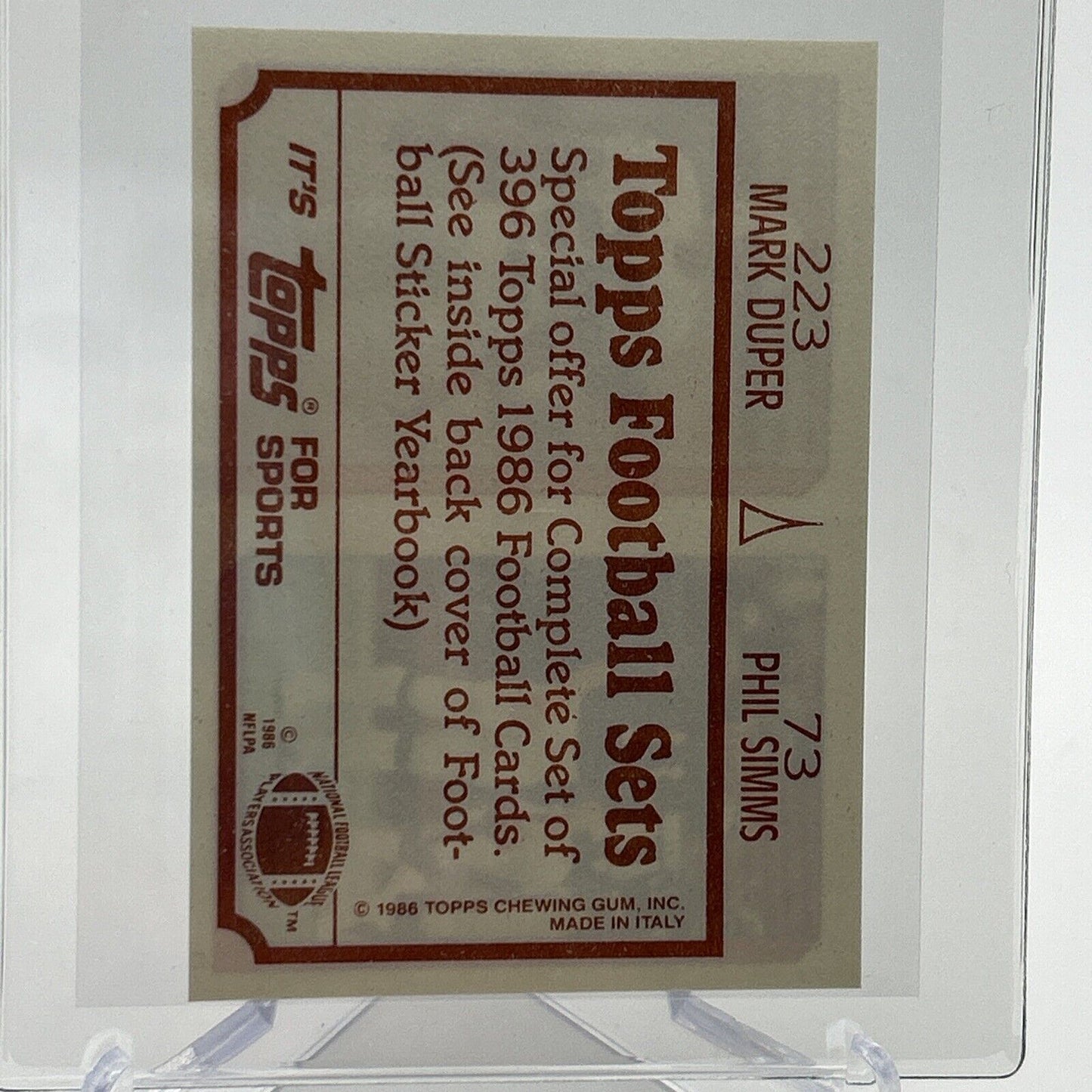 1986 Topps Phil Simms/Mark Duper Sticker Card #73/223 NM-MT FREE SHIPPING