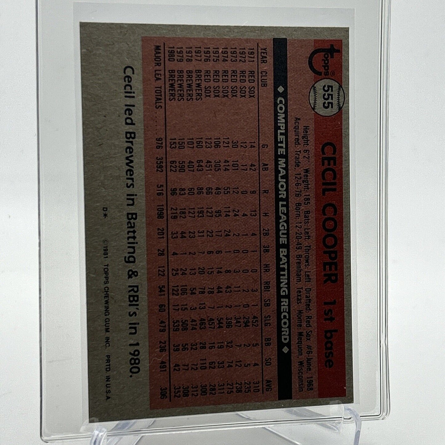 1981 Topps Cecil Cooper Baseball Card #555 NM-Mint FREE SHIPPING