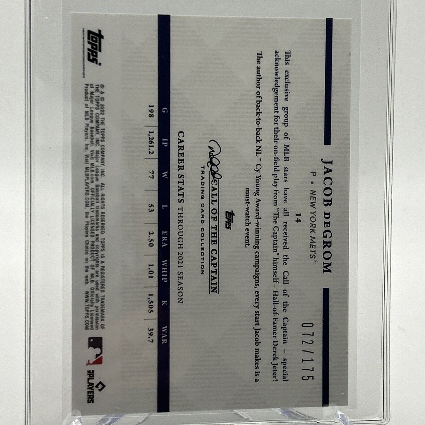 2022 Topps x Derek Jeter Jacob deGrom 72/175 Baseball Card #14 FREE SHIPPING