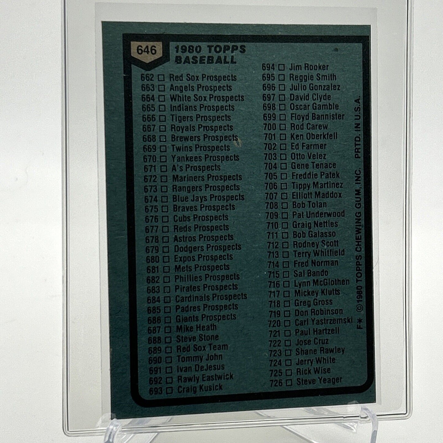 1980 Topps Checklist: 606-726 Baseball Card #646 NM-Mint FREE SHIPPING