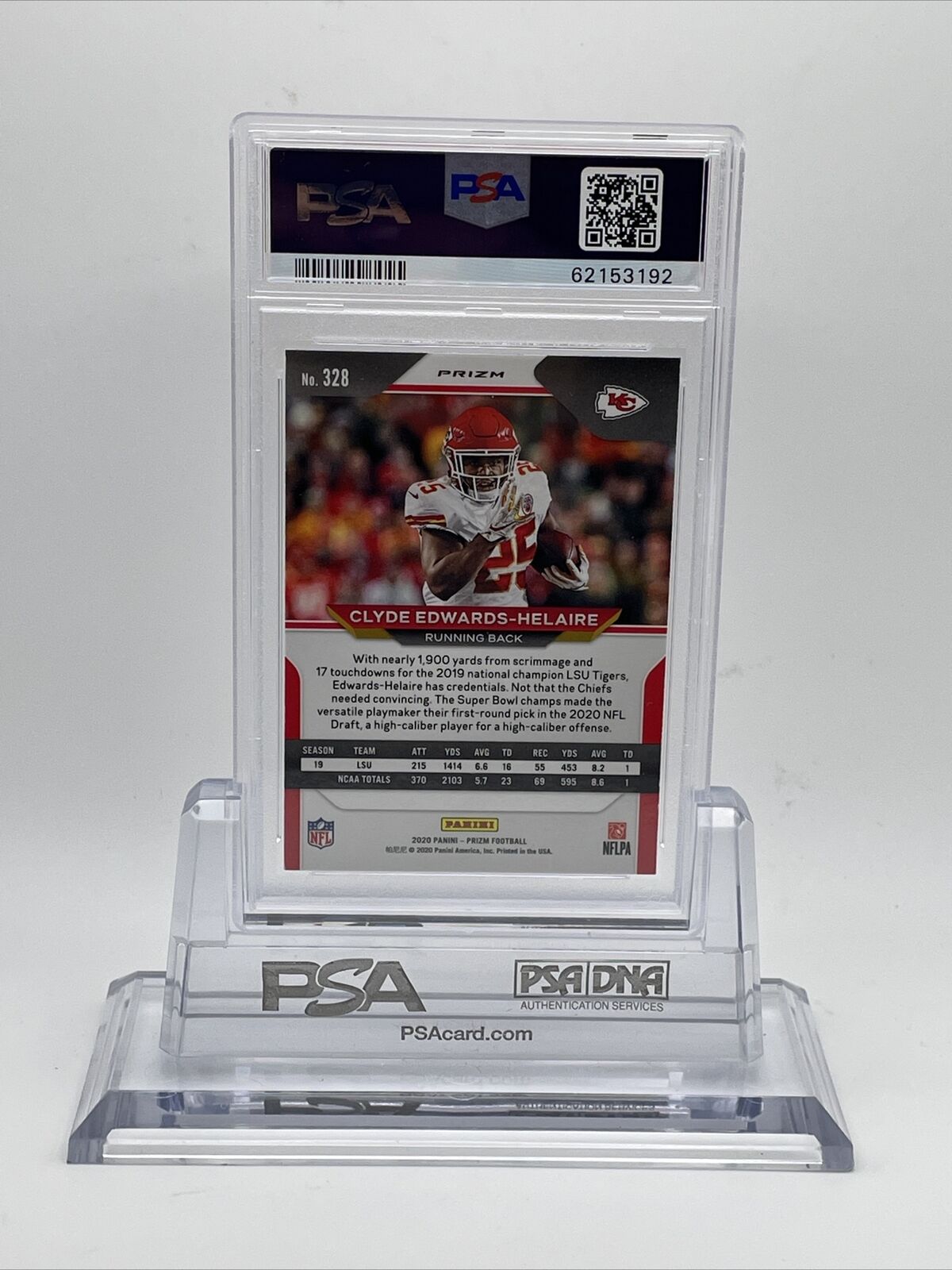 2020 Panini Prizm RED/WHITE/BLUE Prizm Clyde Edwards-Helaire Rookie #328 PSA 10