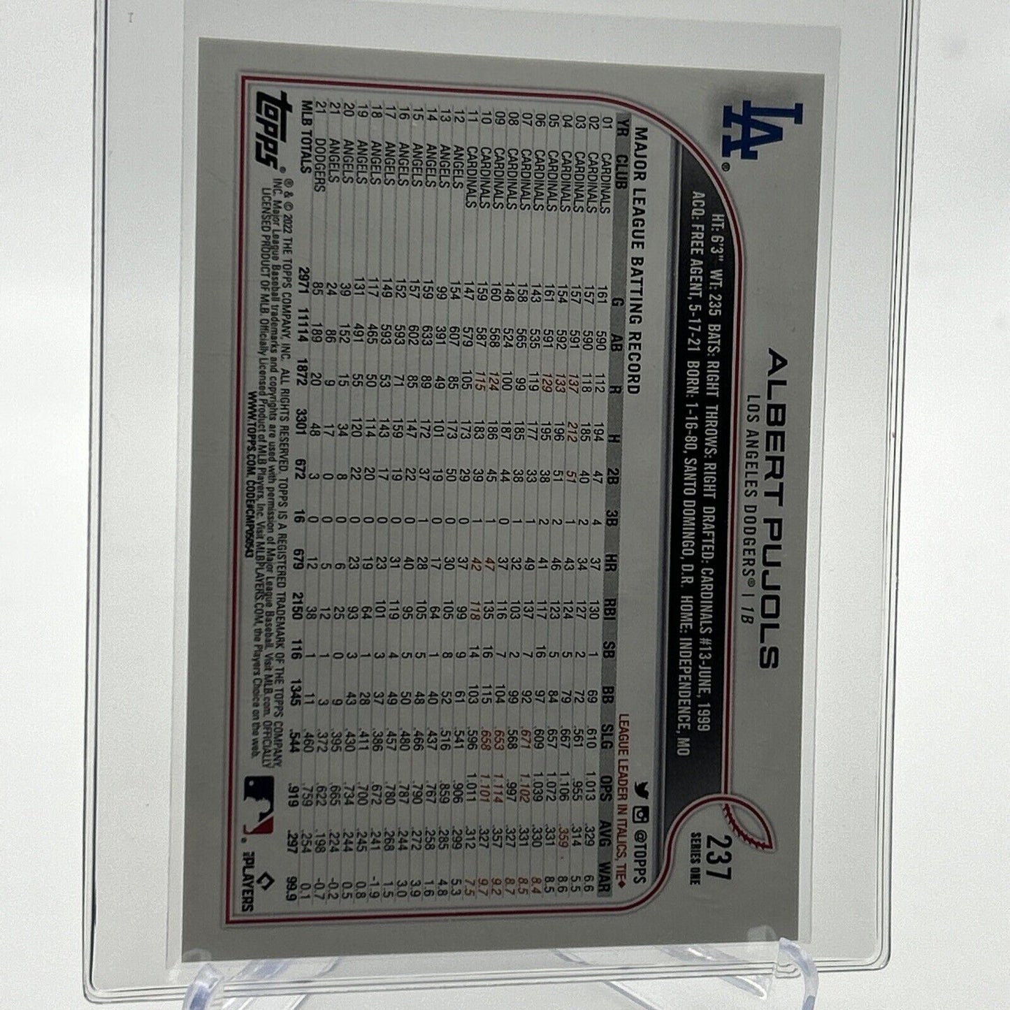 2022 Topps Albert Pujols Baseball Card #237 Mint FREE SHIPPING