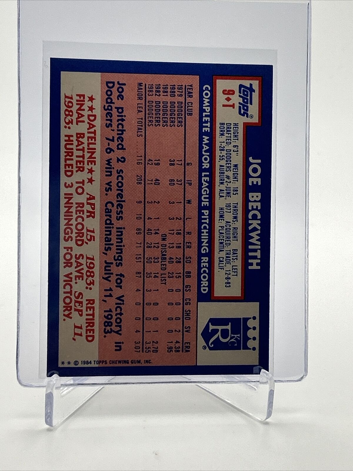 1984 Topps Traded TIFFANY Joe Beckwith Card #9T NM-MT FREE SHIPPING