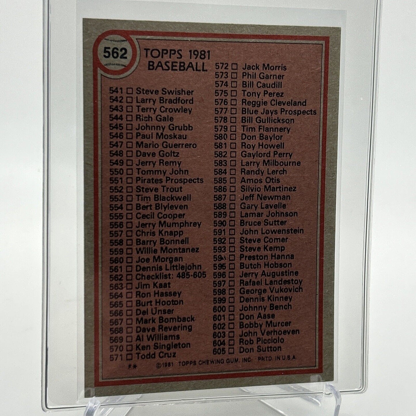 1981 Topps Checklist: 485-605 Baseball Card #562 NM-Mint FREE SHIPPING