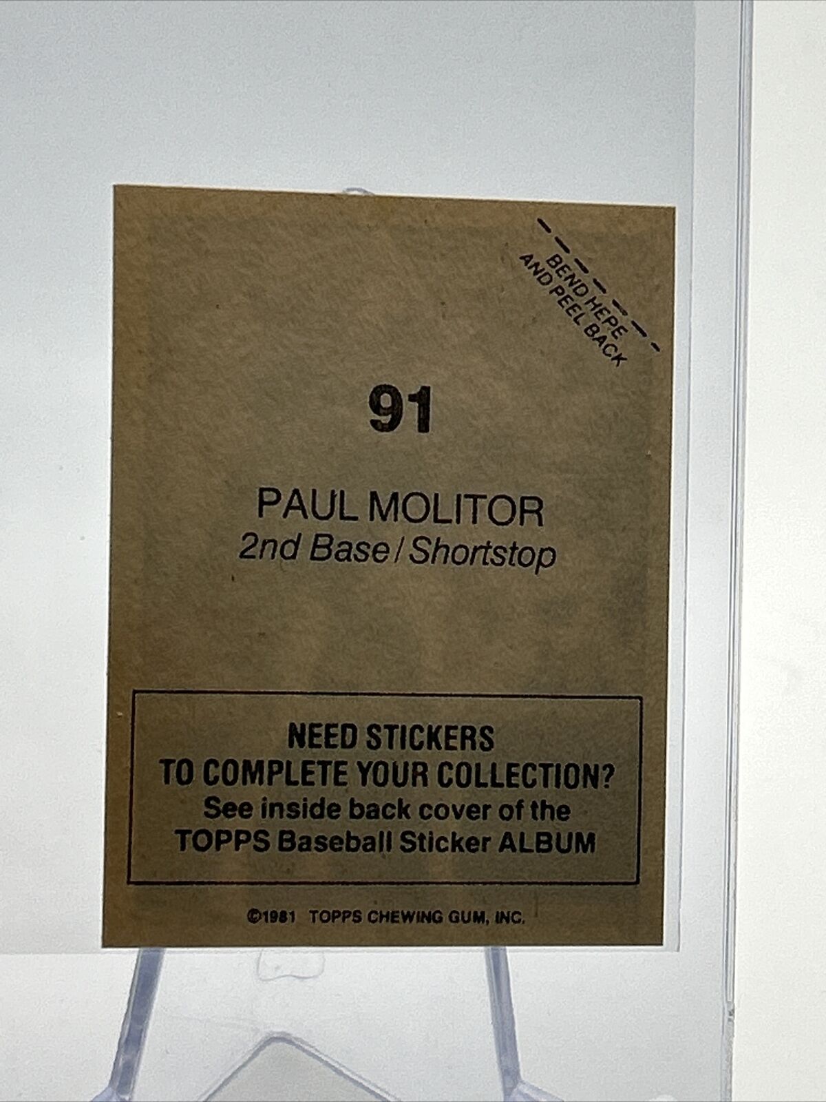 1981 Topps Stickers Paul Molitor Baseball Card #91 NM-Mint FREE SHIPPING
