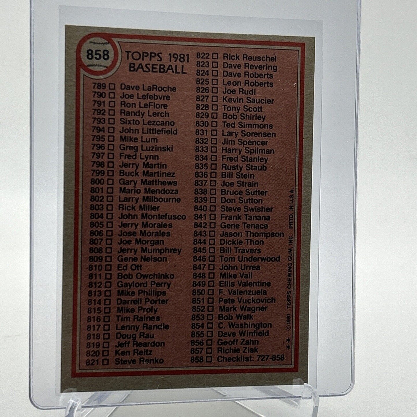 1981 Topps Checklist 727-858 Baseball Card #858 NM-Mint FREE SHIPPING