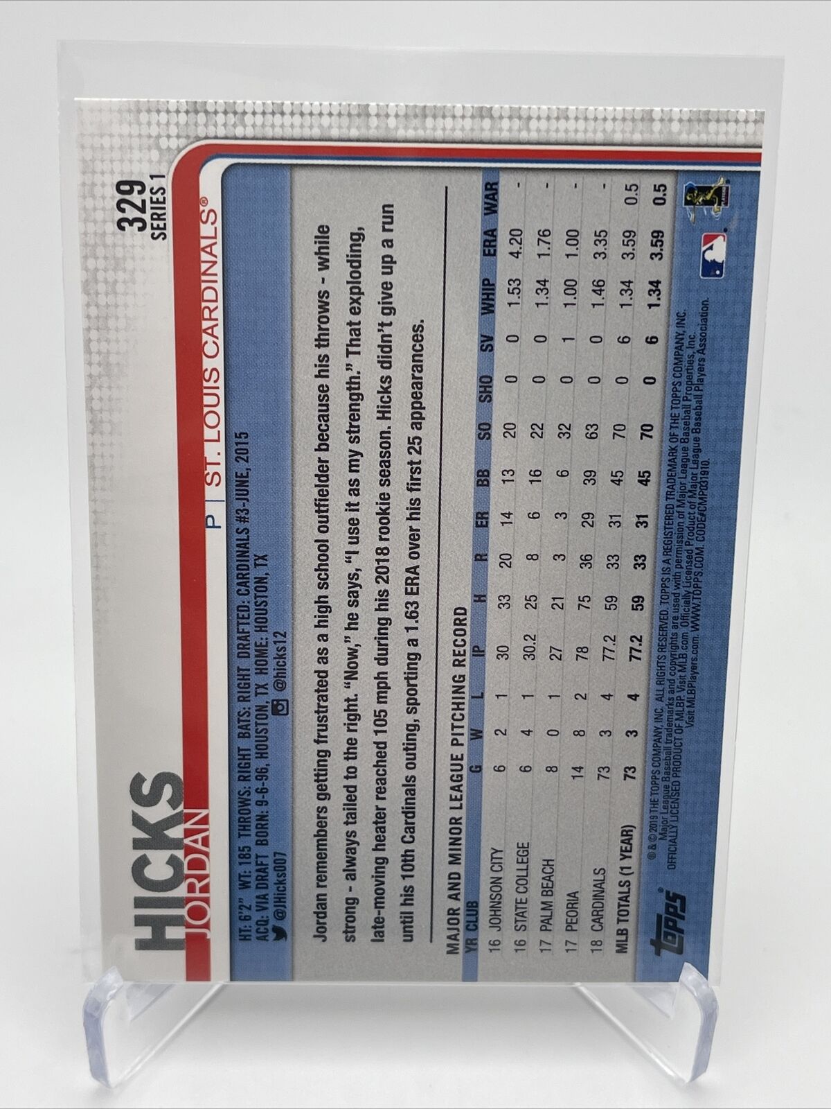 2019 Topps Jordan Hicks Baseball Card #329 Mint FREE SHIPPING