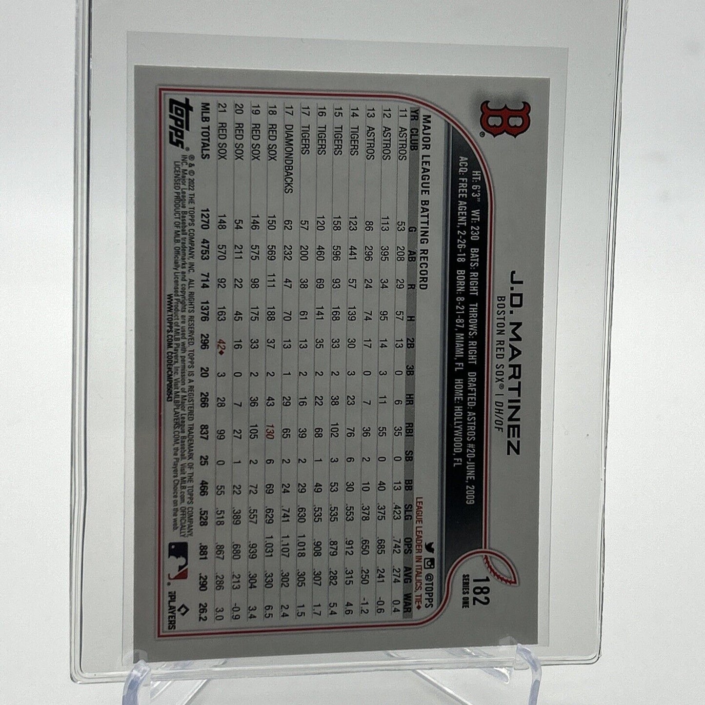 2022 Topps J.D. Martinez Baseball Card #182 Mint FREE SHIPPING