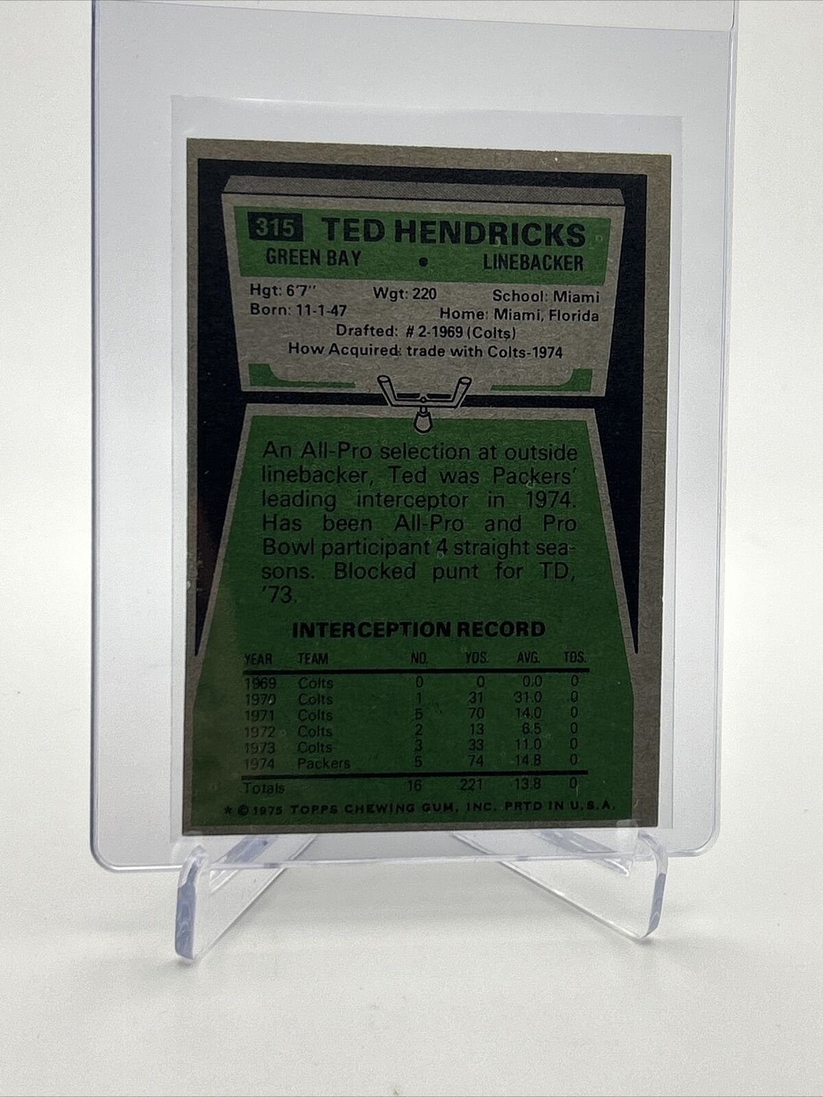 1975 Topps Ted Hendricks Football Card #315 EX-MT Quality FREE SHIPPING