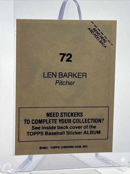 1981 Topps Stickers Len Barker Baseball Card #72 NM-Mint FREE SHIPPING