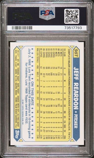 1987 Topps Traded TIFFANY Jeff Reardon Baseball Card #98T PSA 9 Mint