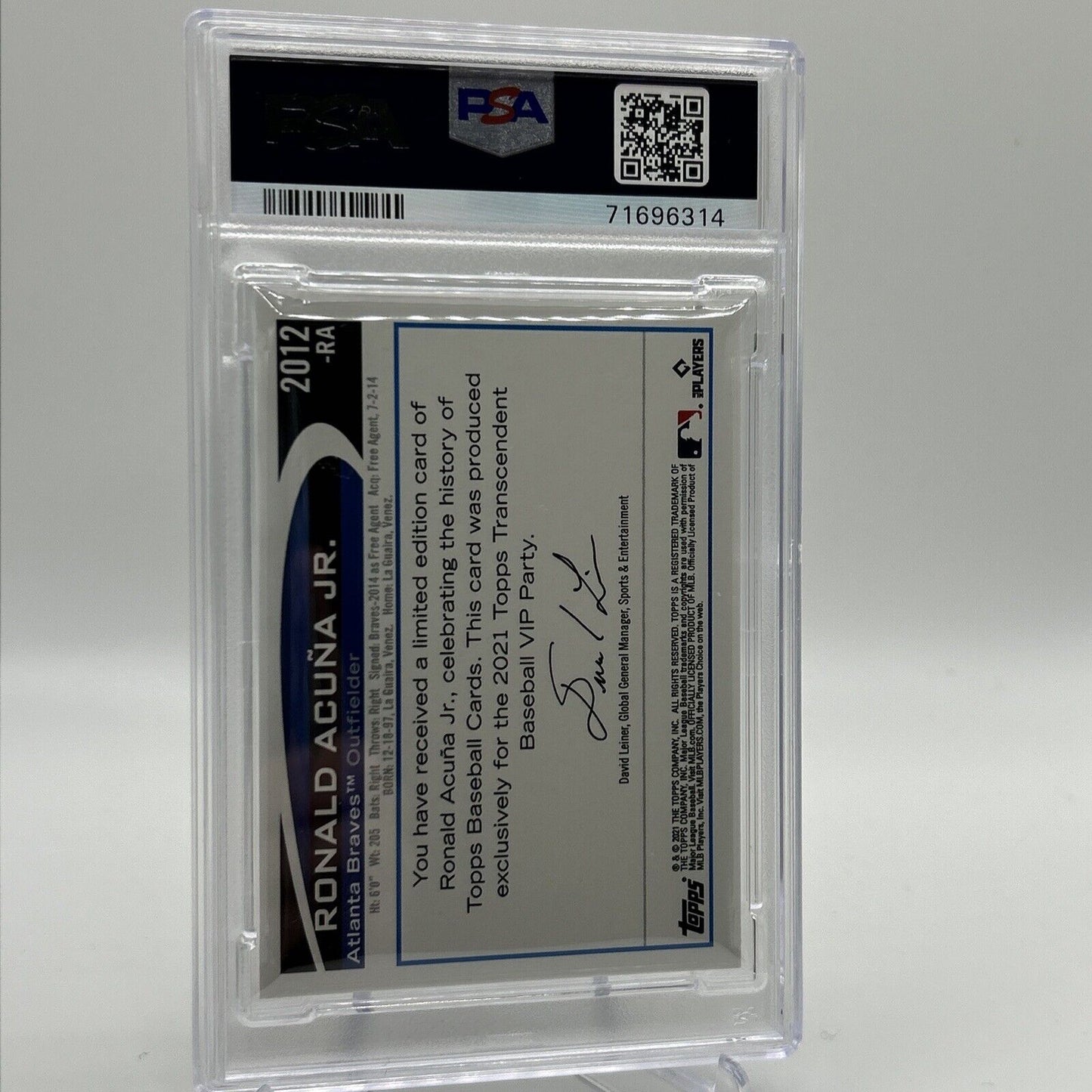 2022 Topps Transcendent VIP Party Ronald Acuna Jr. Card #2012 PSA 10 23/95