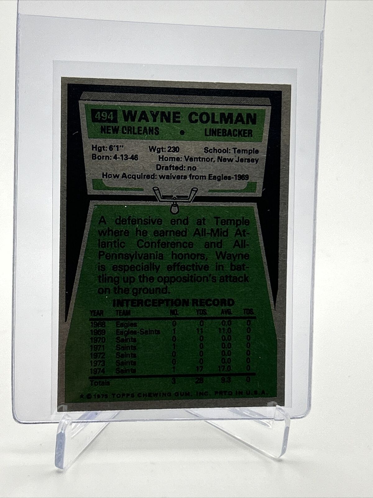 1975 Topps Wayne Colman Football Card #494 NM Quality FREE SHIPPING