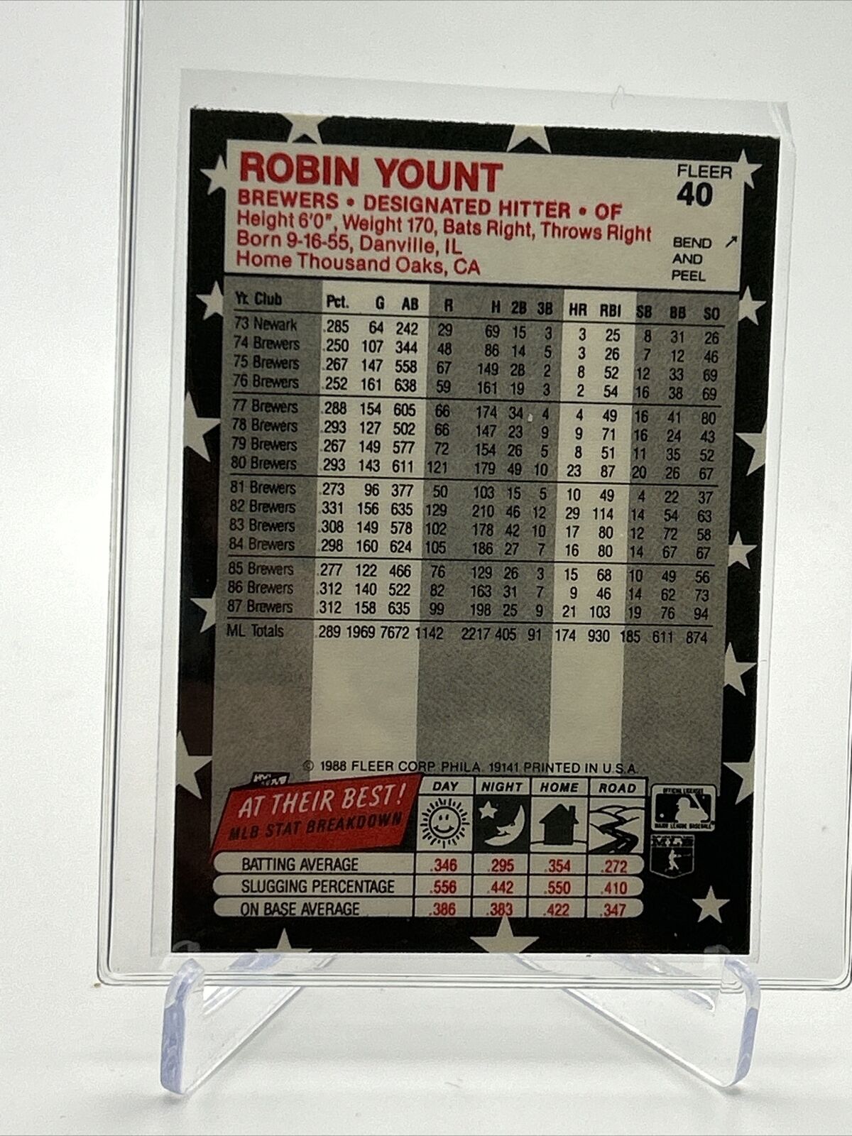 1988 Fleer Star Stickers Robin Yount Baseball Card #40 NM-MT FREE SHIPPING