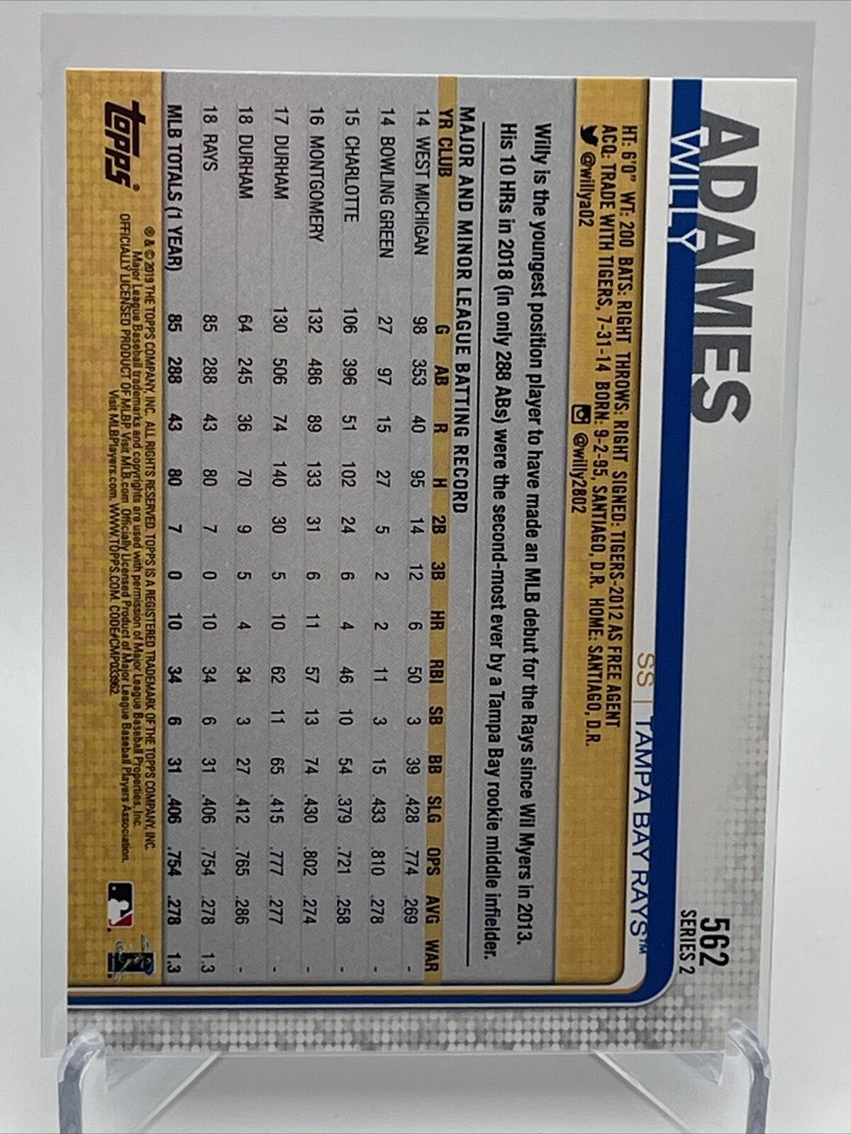 2019 Topps Willy Adames Baseball Card #562 Mint FREE SHIPPING
