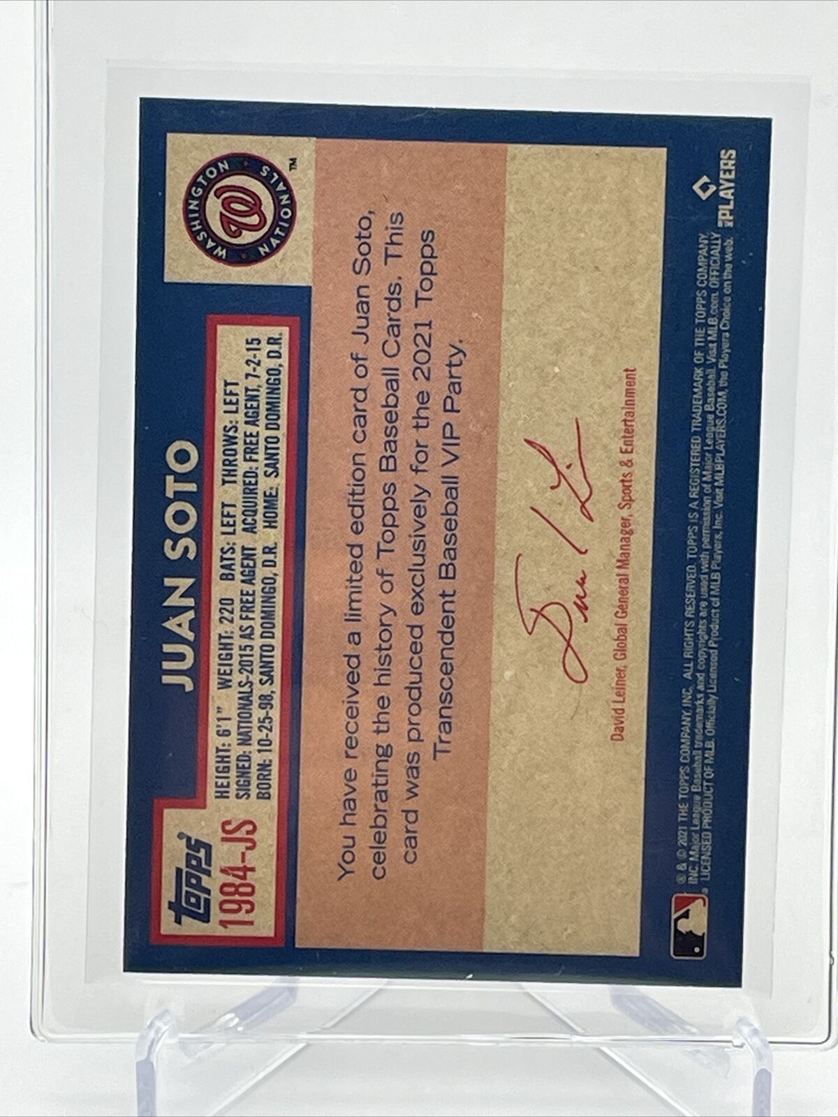 2021 Topps Transcendent Juan Soto Baseball Card #1984-JS 23/95 1984 Topps