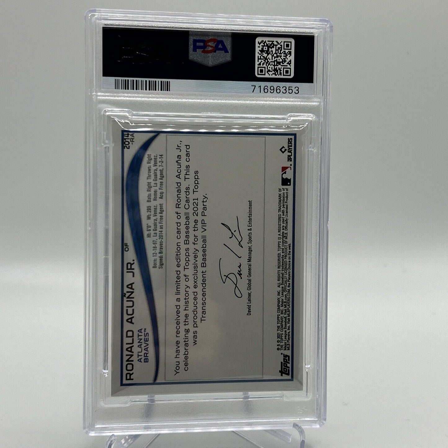 2022 Topps Transcendent VIP Party Ronald Acuna Jr. Card #2014 PSA 10 35/95