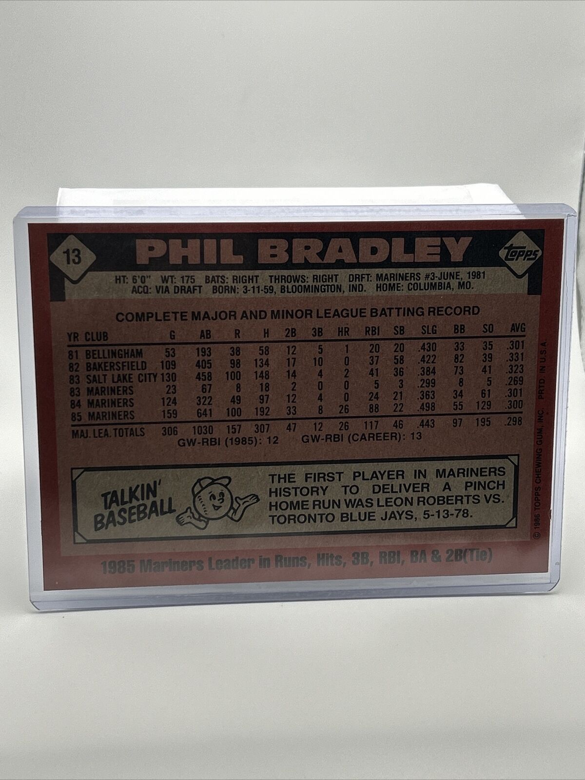 1986 Topps Super Phil Bradley Baseball Card #13 NM-Mint FREE SHIPPING