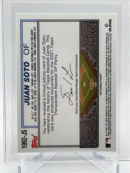2021 Topps Transcendent Juan Soto Baseball Card #1992-JS 35/95 1992 Topps