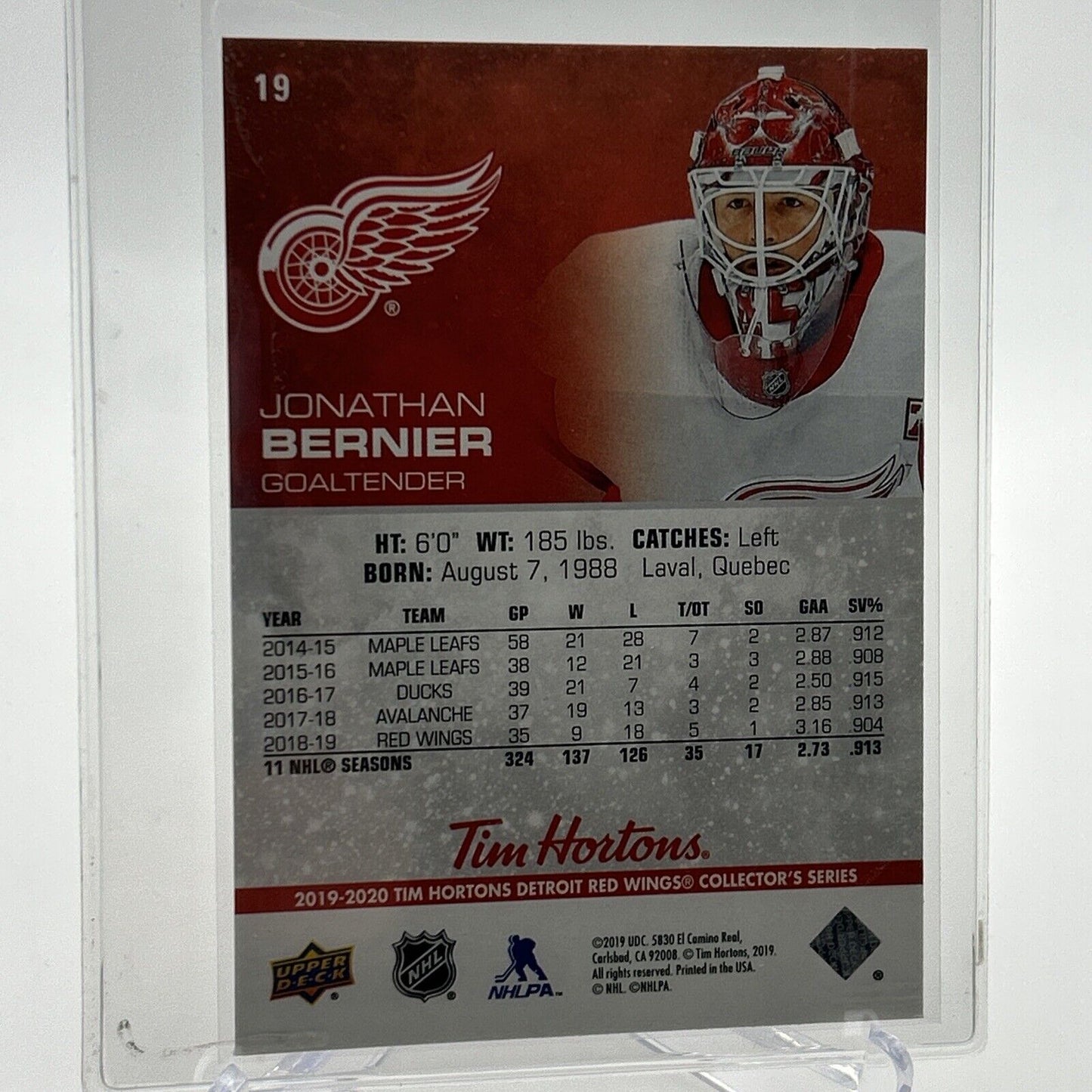 2019-20 Upper Deck Tim Hortons Jonathan Bernier Card #19 Mint FREE SHIPPING