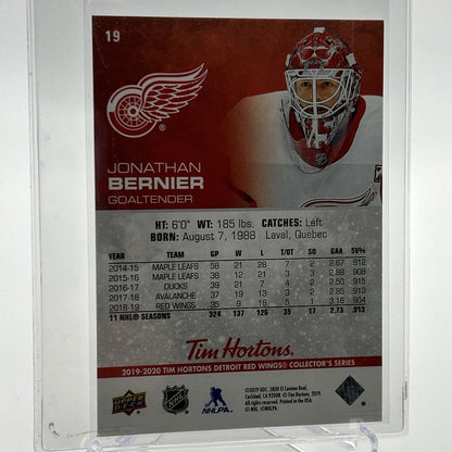 2019-20 Upper Deck Tim Hortons Jonathan Bernier Card #19 Mint FREE SHIPPING