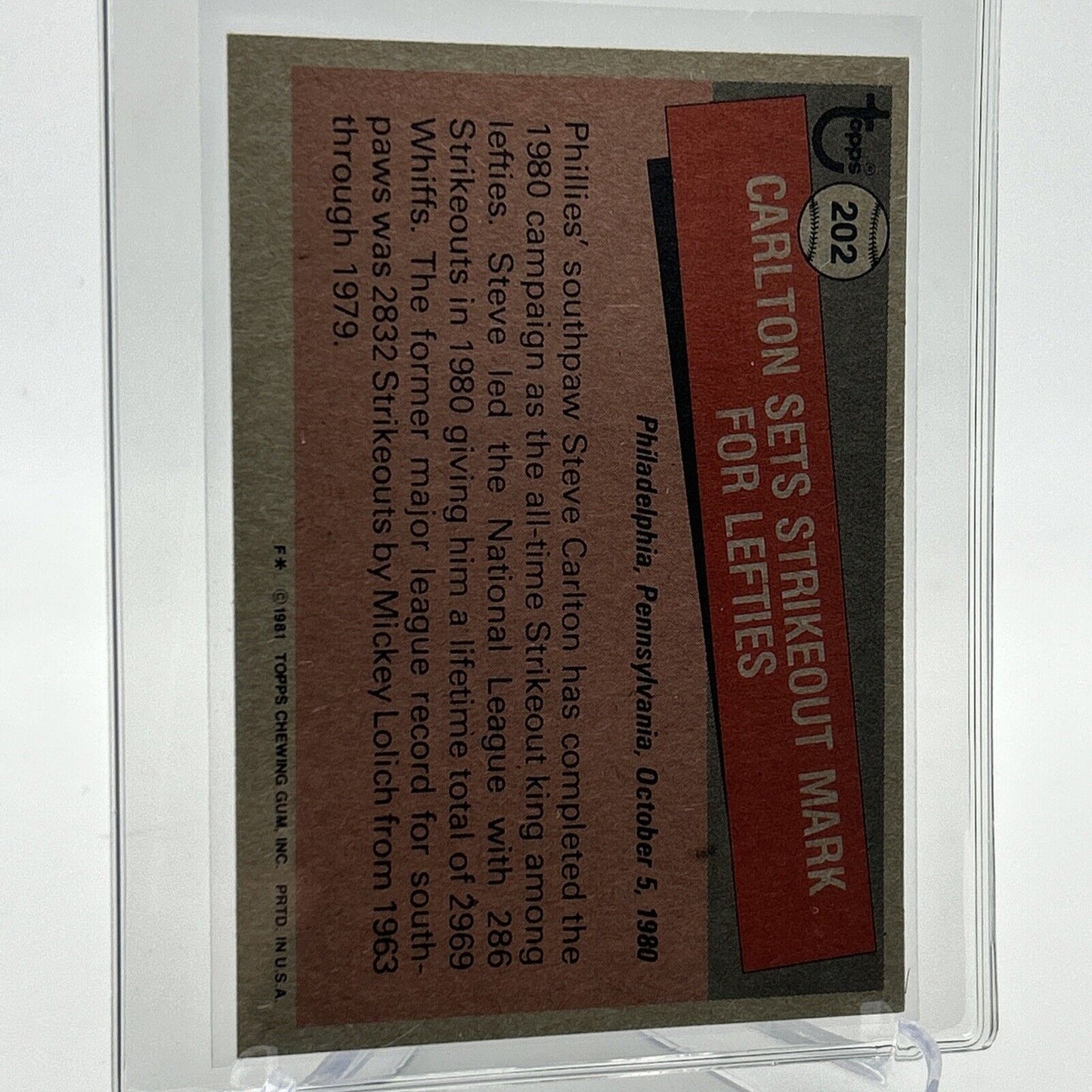 1981 Topps Steve Carlton Baseball Card #202 NM-Mint FREE SHIPPING