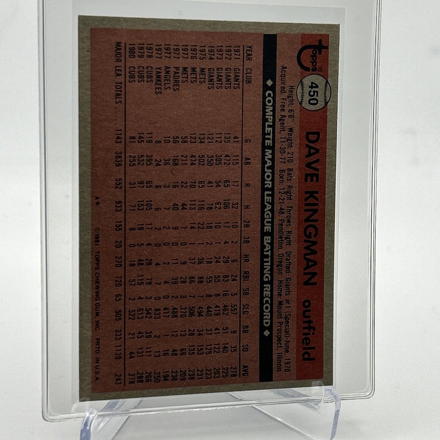 1981 Topps Dave Kingman Baseball Card #450 NM-Mint FREE SHIPPING