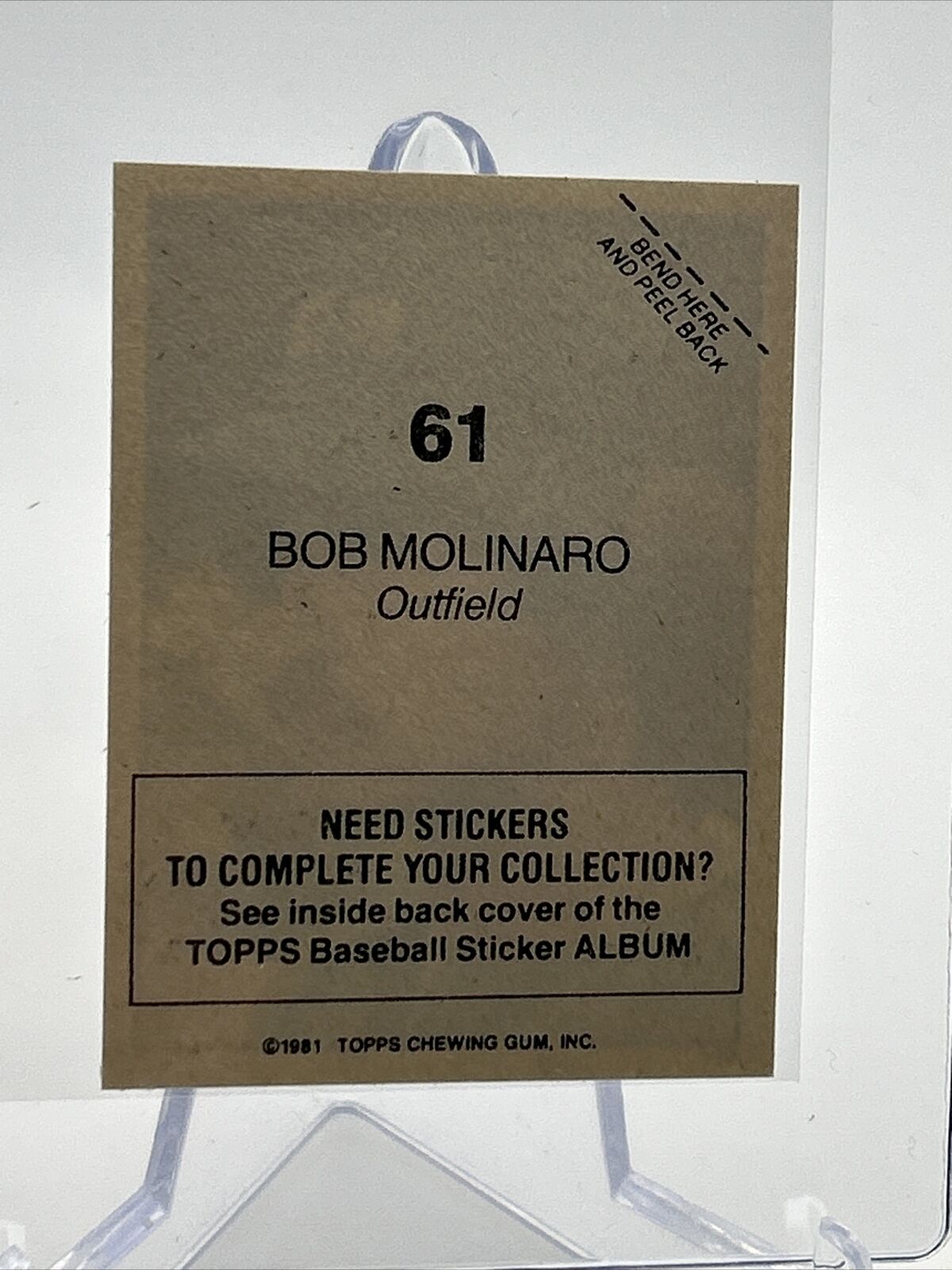 1981 Topps Stickers Bob Molinaro Baseball Card #61 NM-Mint FREE SHIPPING