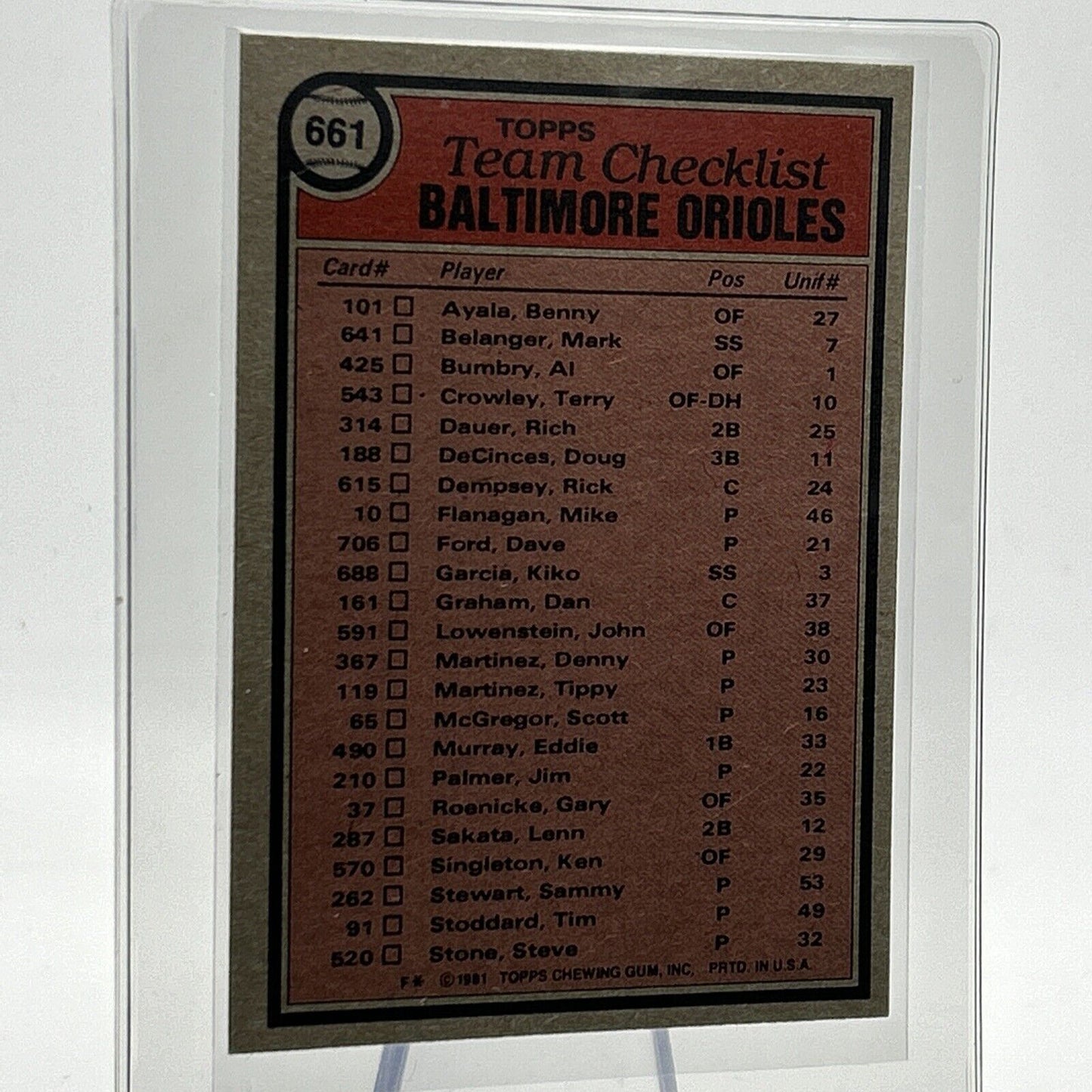 1981 Topps Baltimore Orioles Checklist Baseball Card #661 NM-Mint FREE SHIPPING