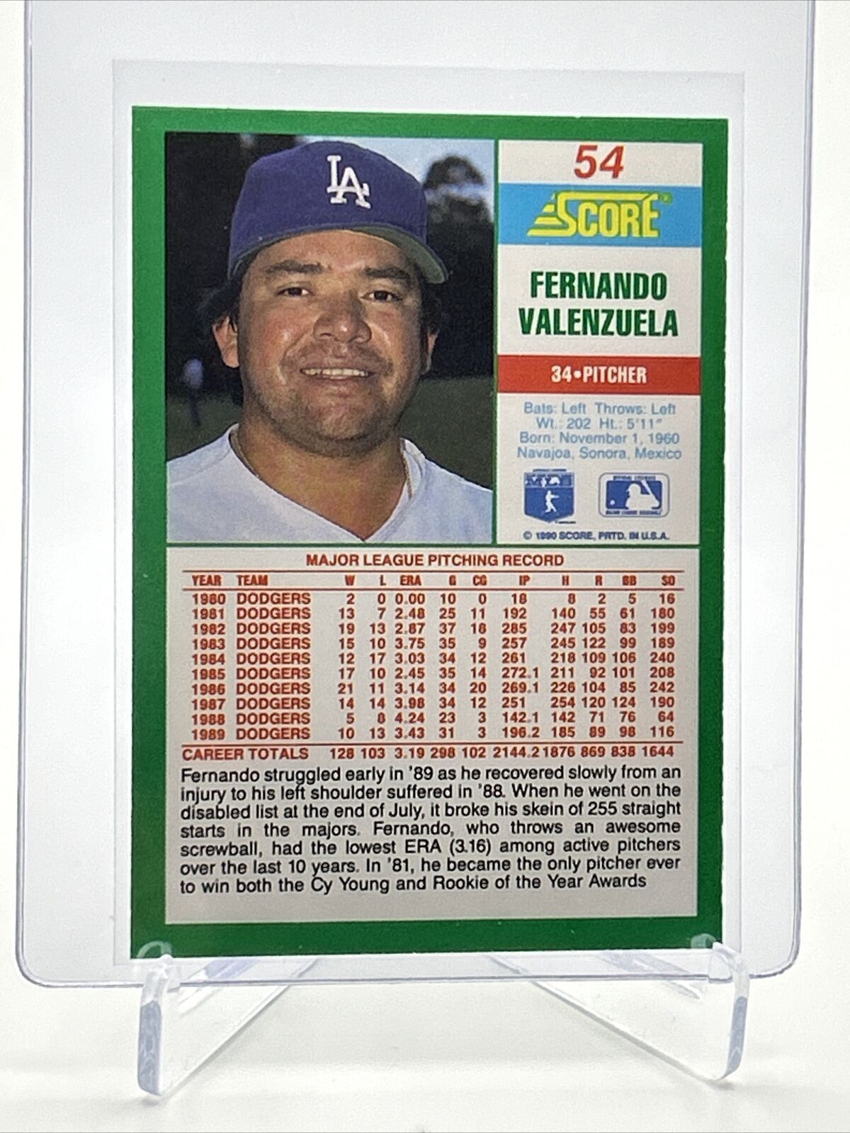 1990 Score Fernando Valenzuela Baseball Card #54 Mint FREE SHIPPING