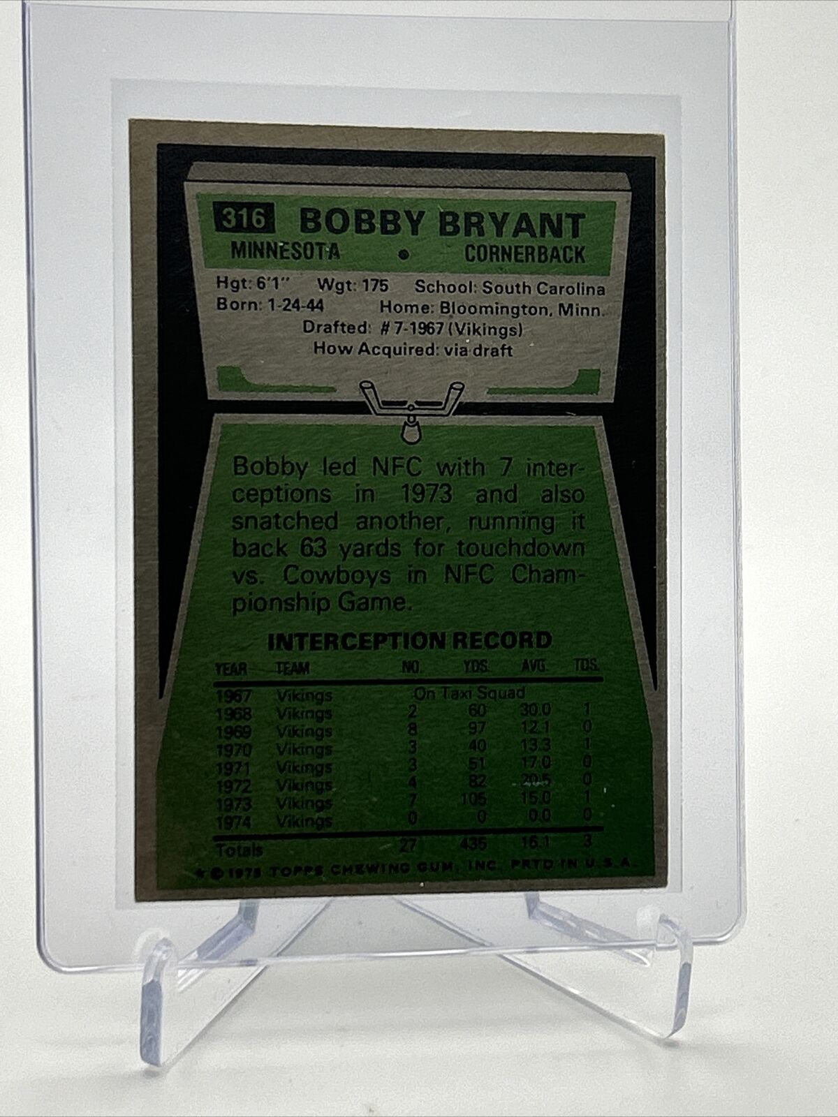 1975 Topps Bobby Bryant Football Card #316 EX Quality FREE SHIPPING
