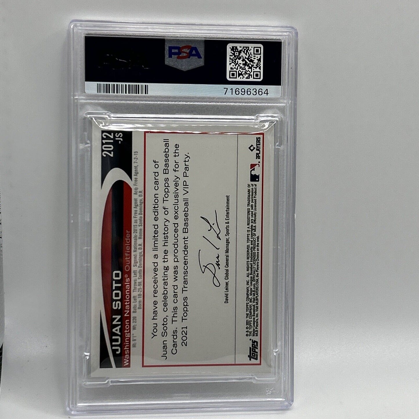 2022 Topps Transcendent VIP Party Juan Soto Baseball Card #2012 PSA 10 23/95