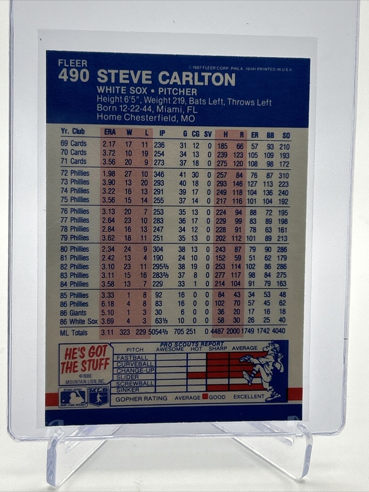 1987 Fleer Steve Carlton Baseball Card #490 Mint FREE SHIPPING