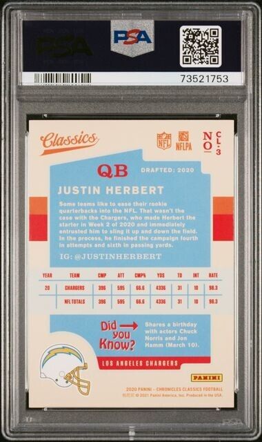 2020 Panini Chronicles Classics Justin Herbert Rookie Football Card #3 PSA 10