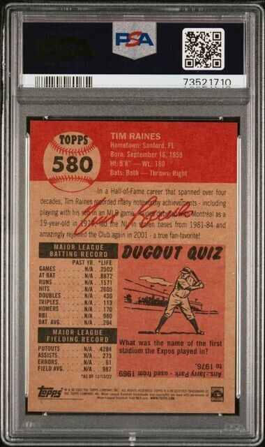 2022 Topps Living Set Tim Raines Baseball Card #580 PSA 9 Mint