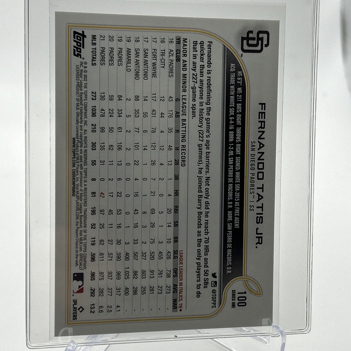 2022 Topps Fernando Tatis Jr. Baseball Card #100 Mint FREE SHIPPING