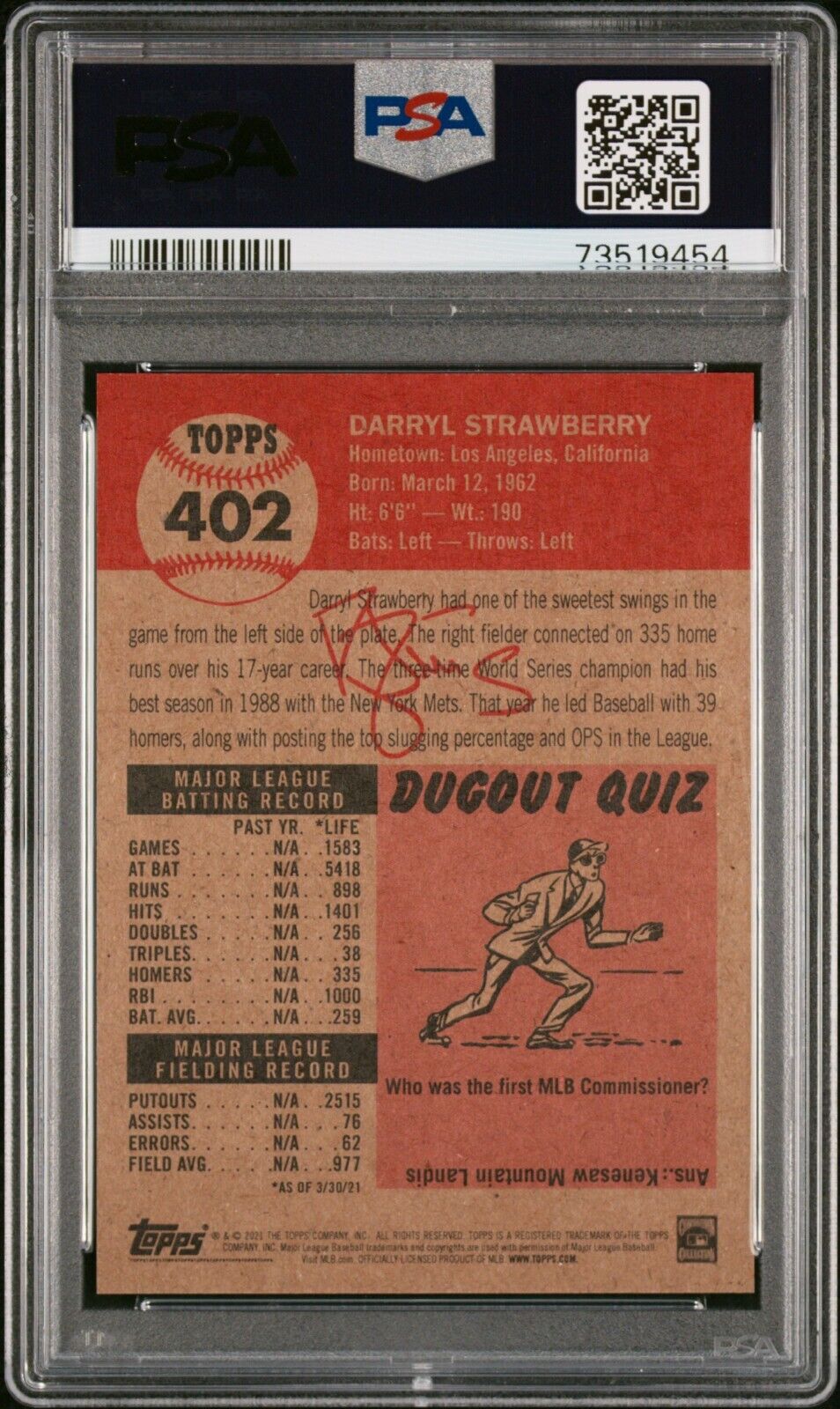 2021 Topps Living Set Darryl Strawberry Baseball Card #402 PSA 10 Gem Mint