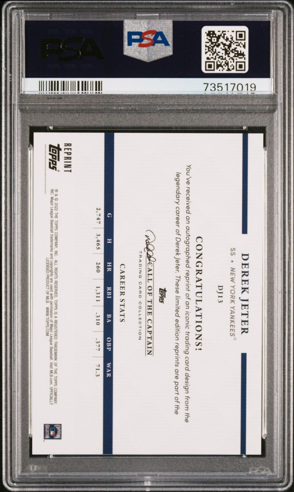 2022 Topps x Derek Jeter 22 Years of Topps FOILBOARD Derek Jeter Card DJ13 PSA 9