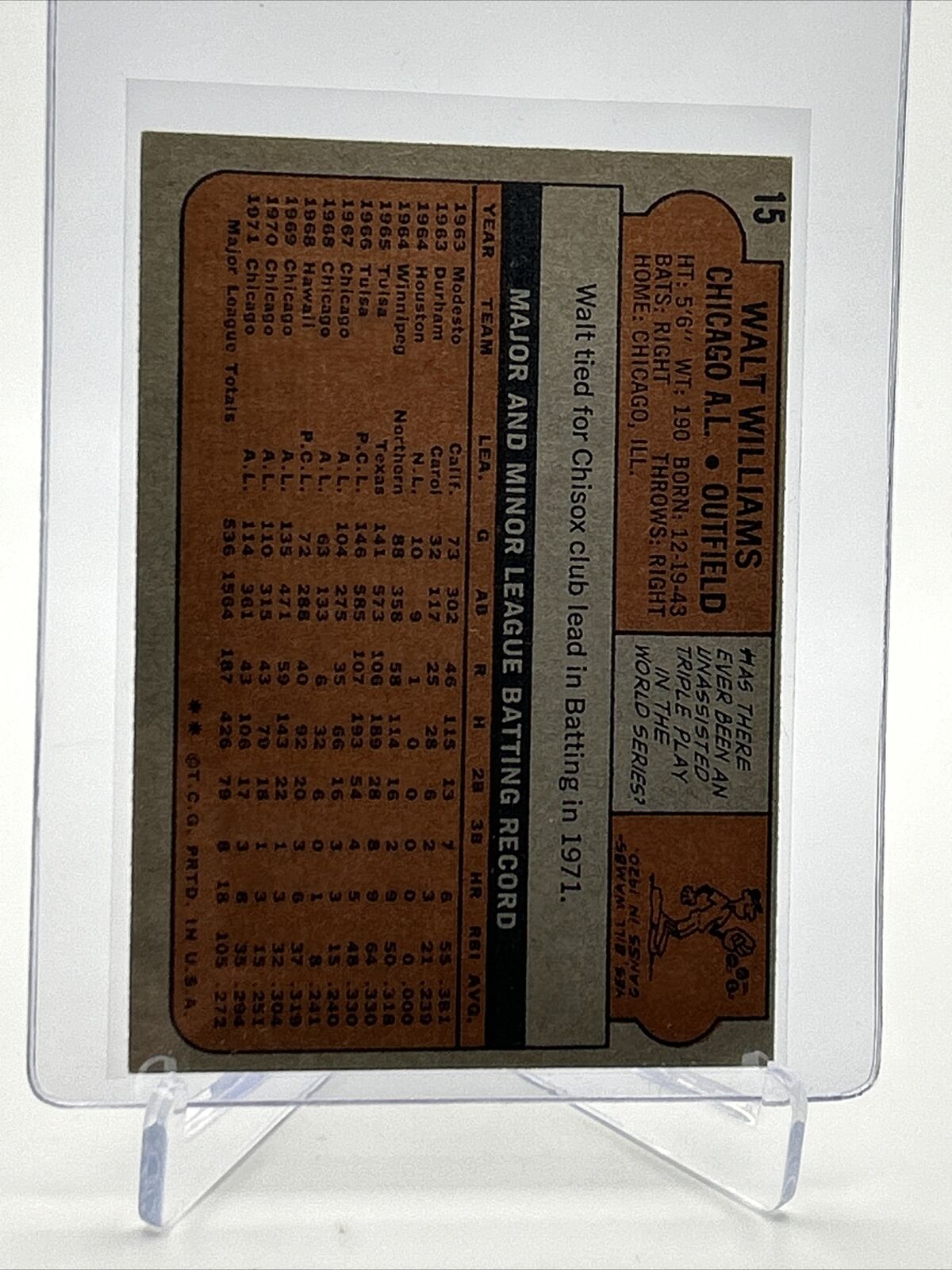 1972 Topps Walt Williams Baseball Card #15 VG-EX Quality FREE SHIPPING
