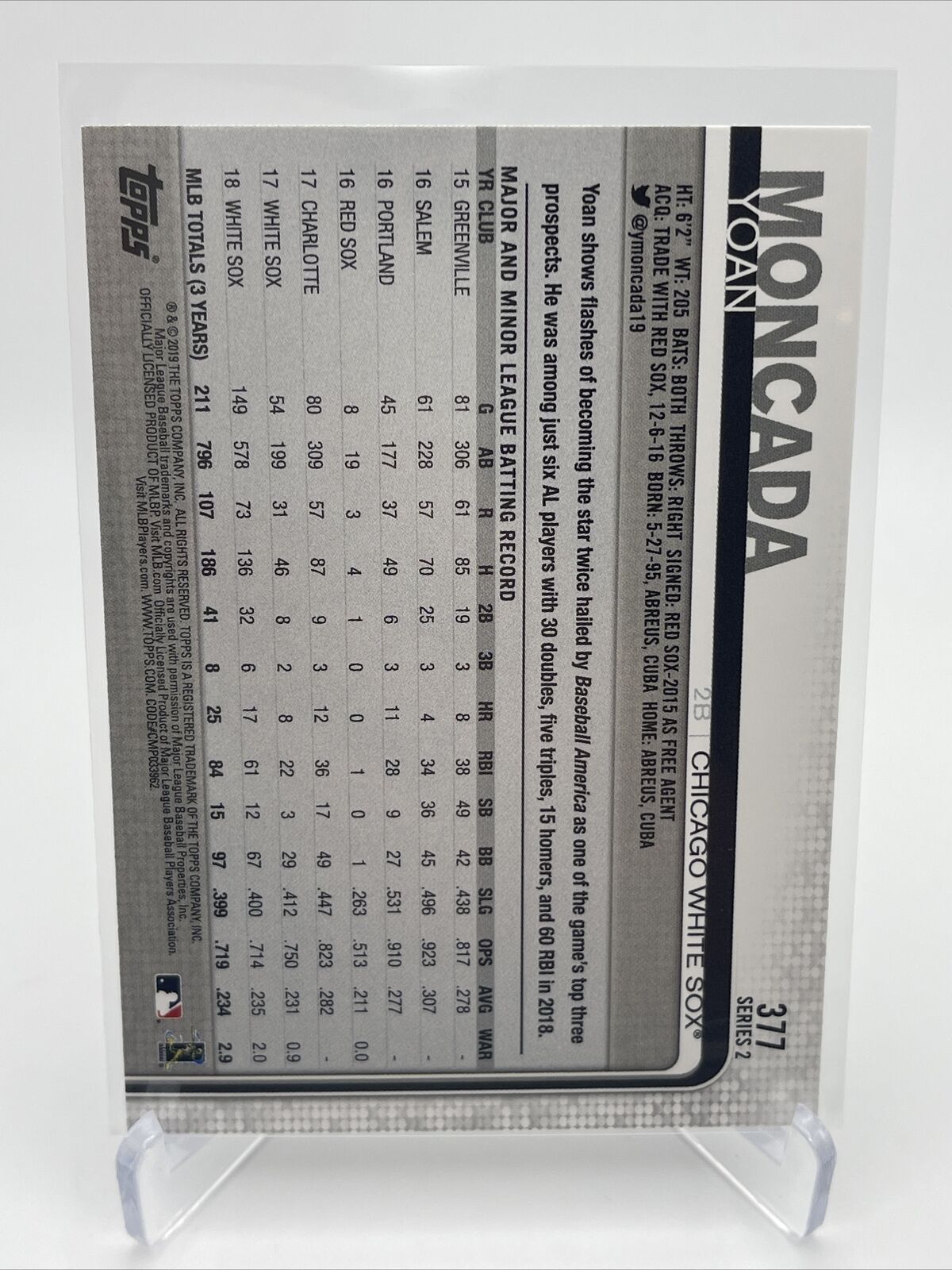 2019 Topps Yoan Moncada Baseball Card #377 Mint FREE SHIPPING