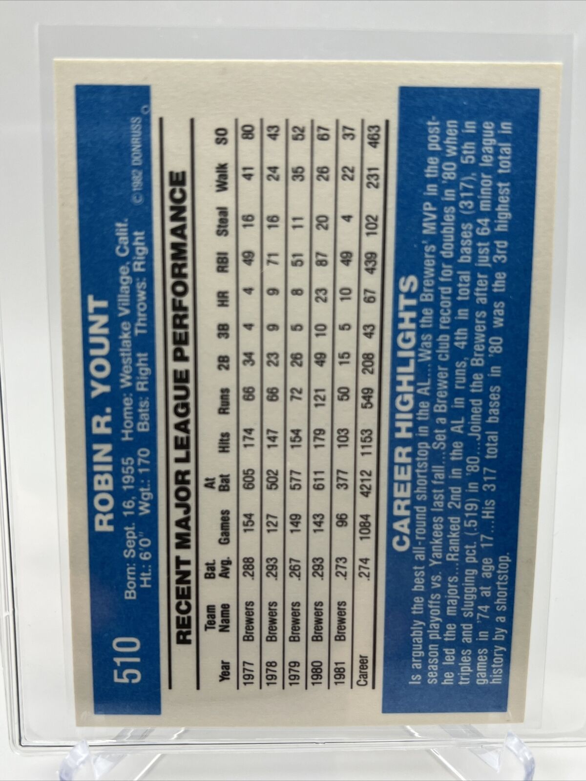 1982 Donruss Robin Yount Baseball Card #510 NM-MT FREE SHIPPING
