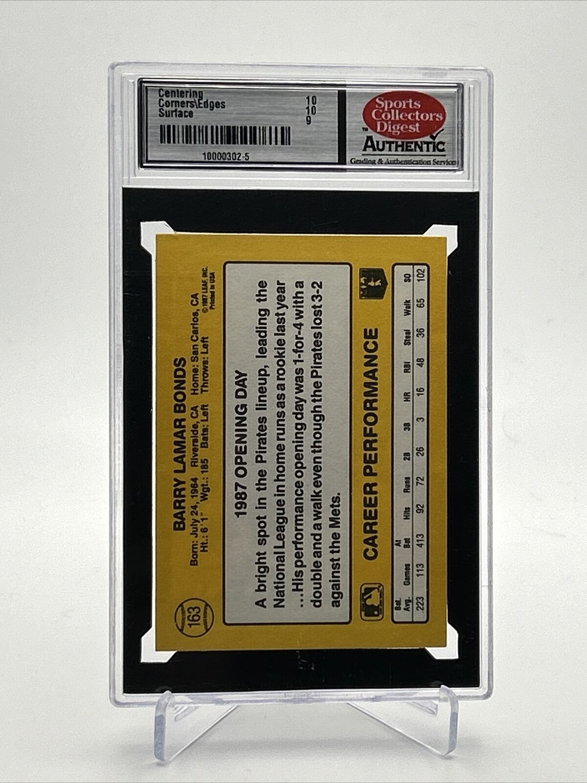 1987 Donruss Opening Day Barry Bonds Rookie Baseball Card #163 SCD 10 Gem Mint